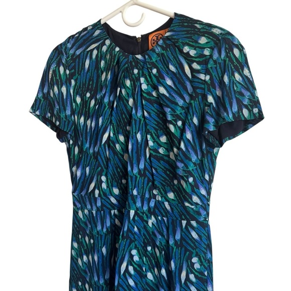 Tory Burch Silk Blue & Green Peacock Patterned Dress, Size 4 - Picture 2 of 8